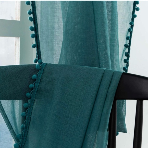 Cute sheer pom-pom curtains in teal - Picture 3 of 7